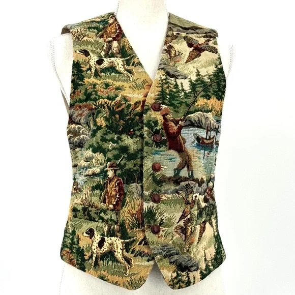90s VTG-USA FI Fishing & Hunting Bird-Dog Tapestry Vest - Picture 1 of 16
